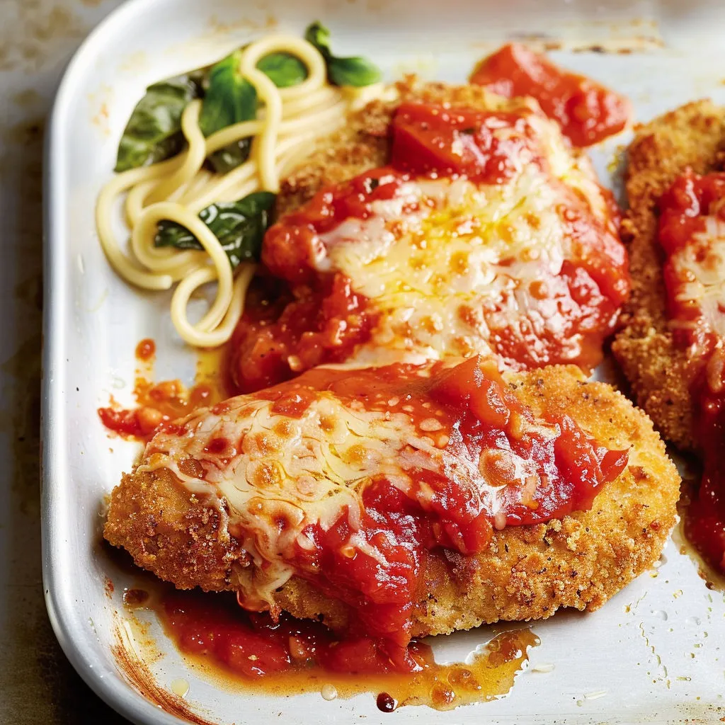 Des escalopes au fromage avec des pâtes et de la sauce tomate sur un plat.