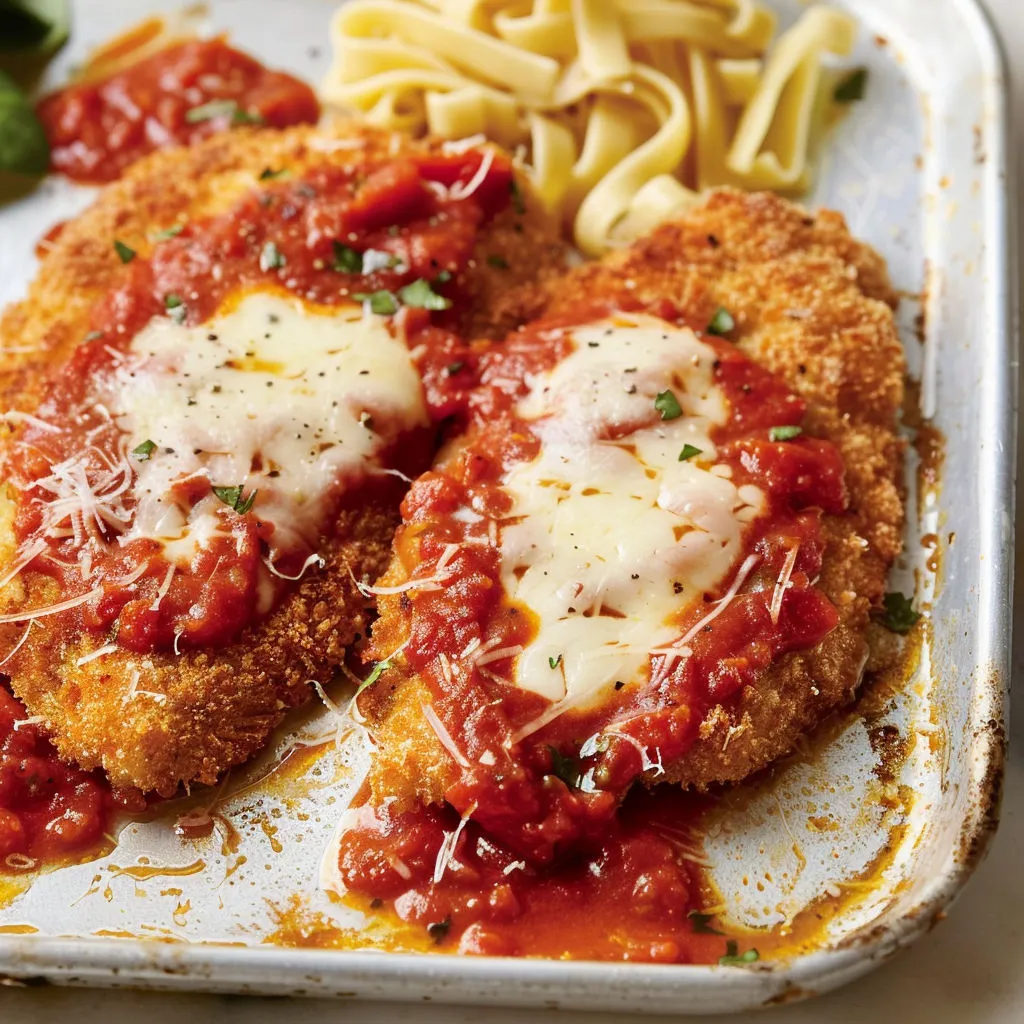 Photo d’escalope gratinée à la parmigiana avec herbes et sauce sur un plat.