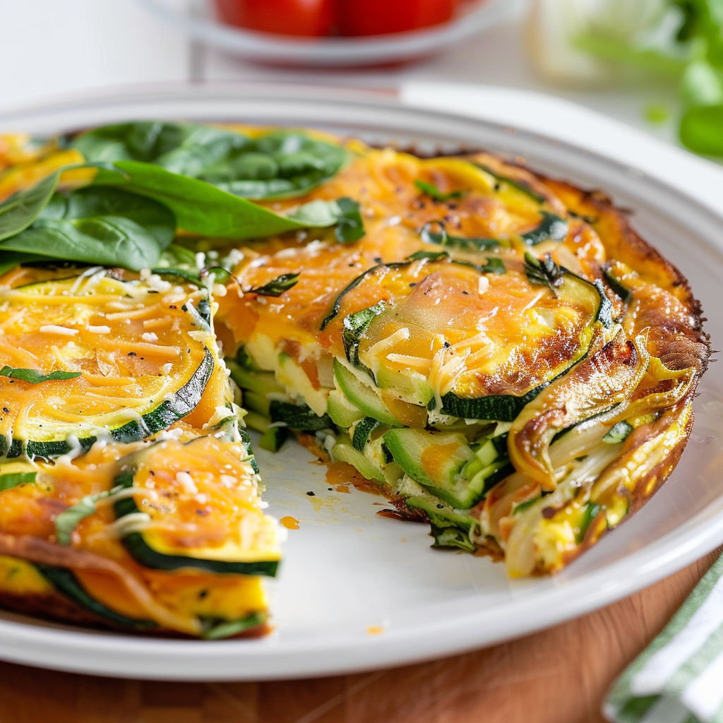 Assiette généreuse de frittata avec légumes verts et cheddar.