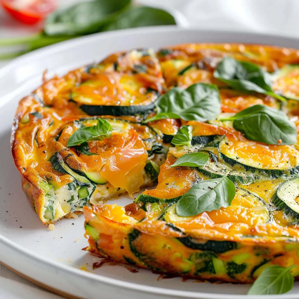 Une belle frittata verte au cheddar, décorée de feuilles, servie sur un plateau.