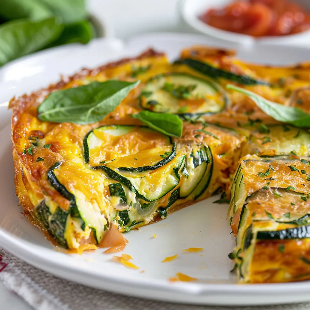 Une part de flan salé aux légumes verts, sauce tomate et fromage râpé.