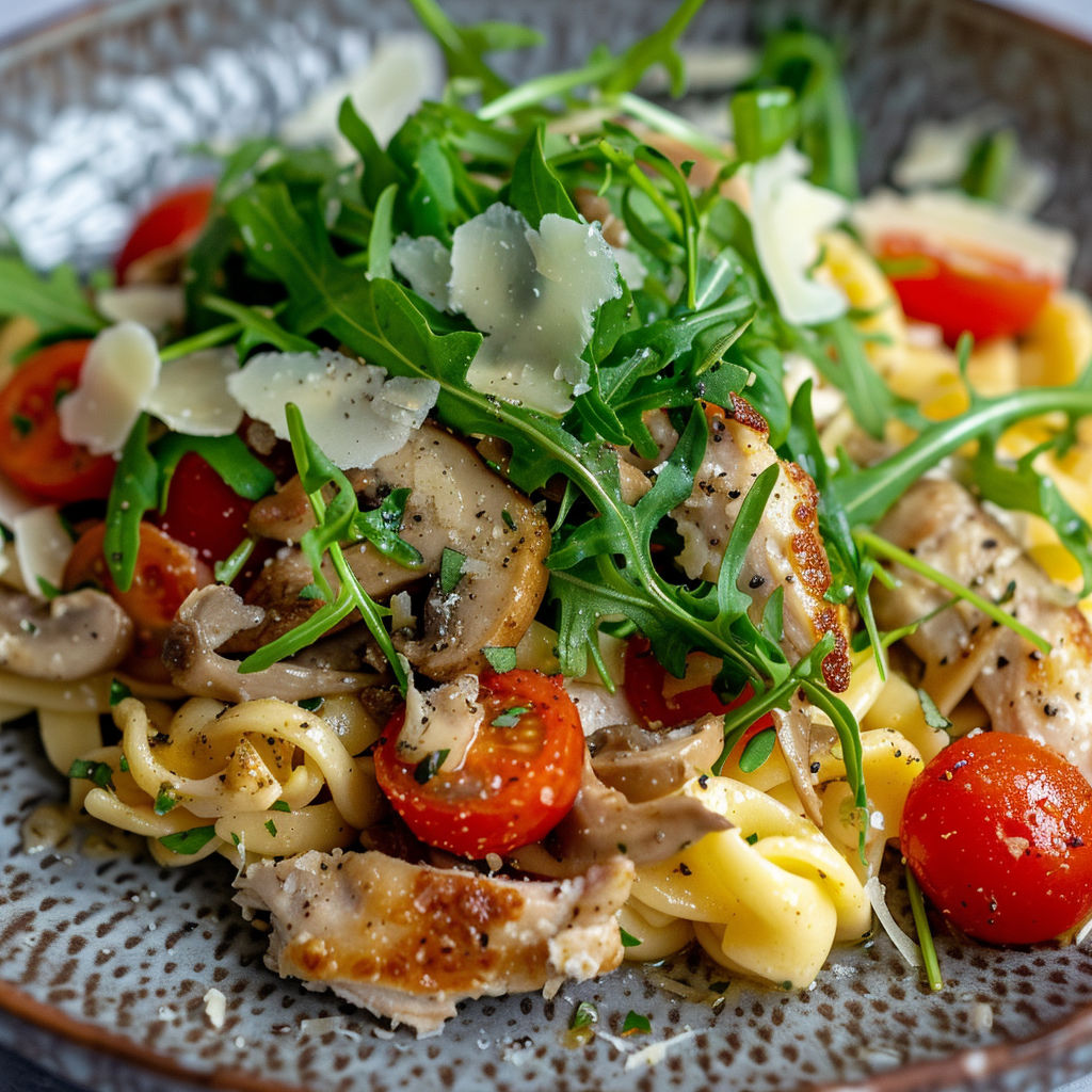 Un plat généreux de spätzles avec poulet doré, tomates, roquette et champignons.