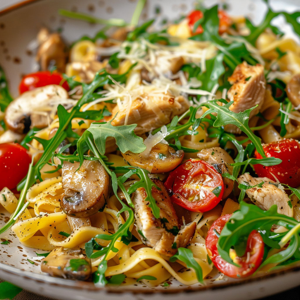 Spätzles crémeux au parmesan avec tomates cerises, une assiette colorée plein de légumes et d'arômes frais.