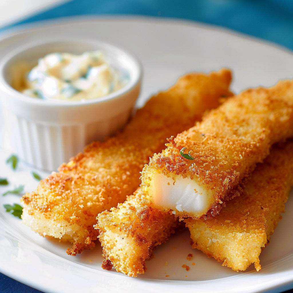 Un beau filet de poisson doré au panko servi avec une sauce sur le côté.