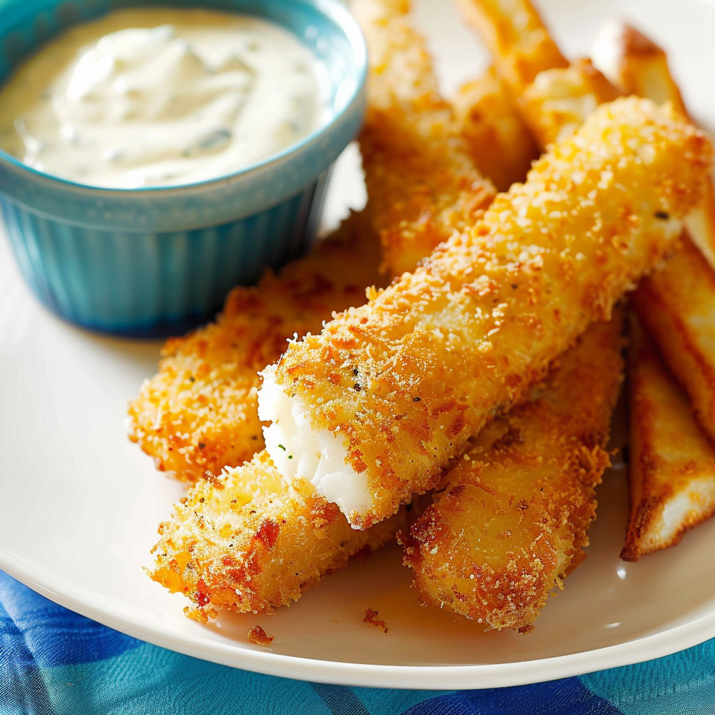 Bâtonnets dorés de cabillaud panés maison servis sur un joli plat blanc.