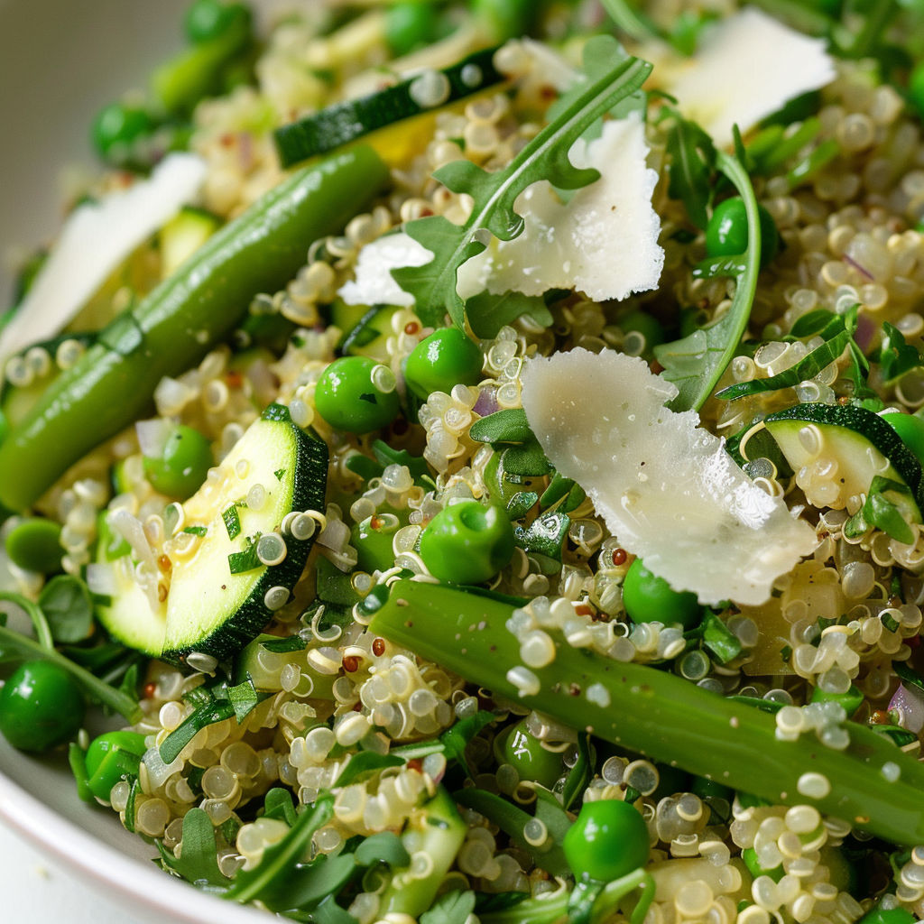 Bol coloré avec du quinoa, des légumes verts, du basilic et des copeaux de fromage frais.