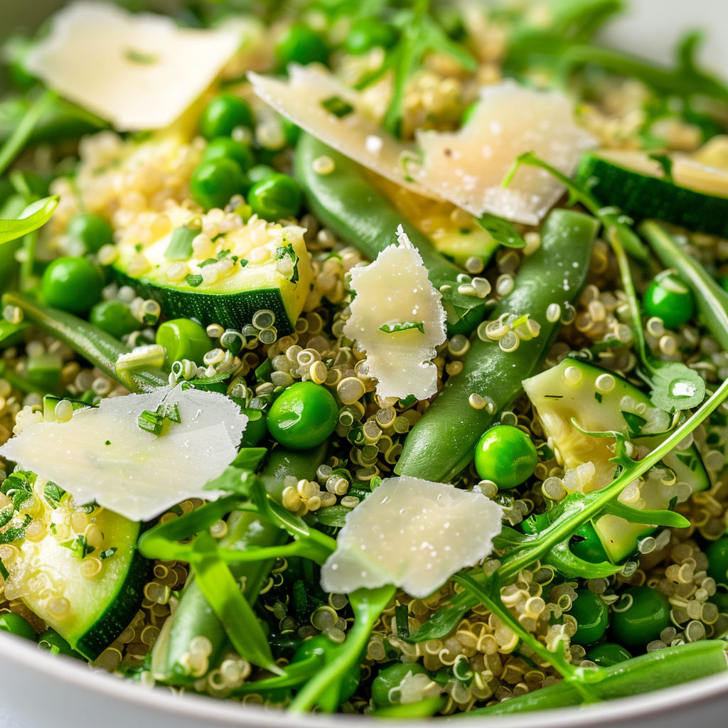 Salade de quinoa et légumes verts, un peu de pâtes et d’herbes fraîches.