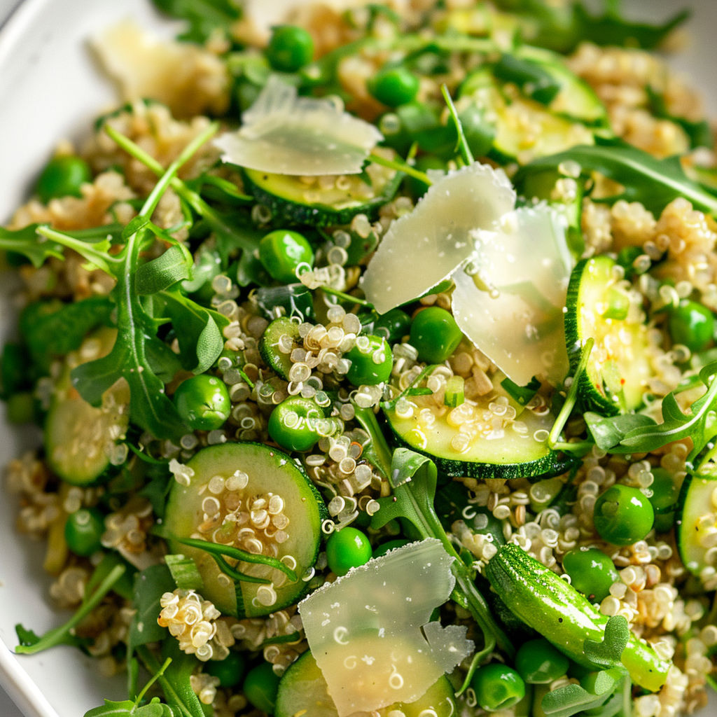 Salade de quinoa avec légumes verts, concombres, pois chiches et plein d’herbes fraîches.