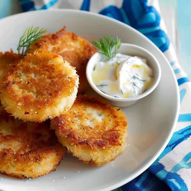 Des croquettes dorées d’aiglefin dans une assiette avec une sauce verte.