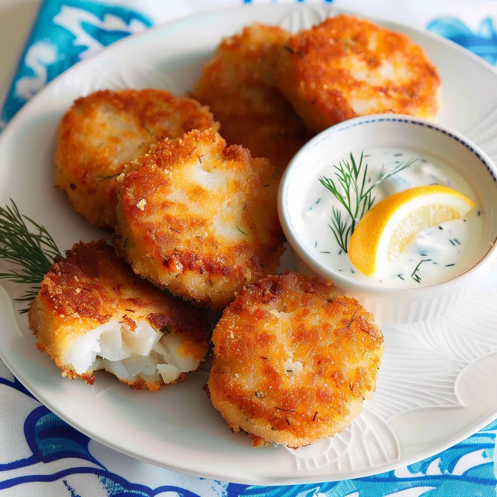 Une pile de croquettes de poisson dorées avec un peu de sauce et du citron à côté.
