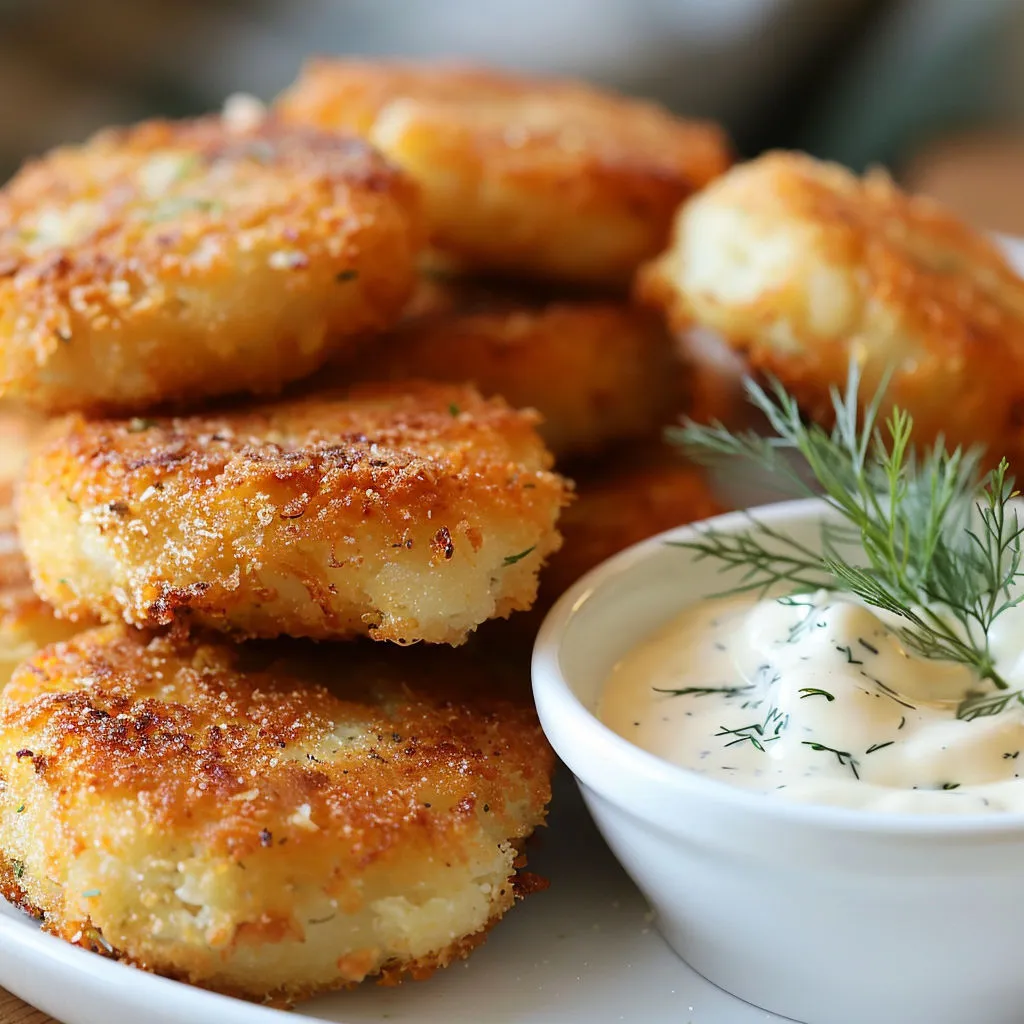 Une pile de galettes de poisson dorées avec un peu d’herbes et de sauce à côté.
