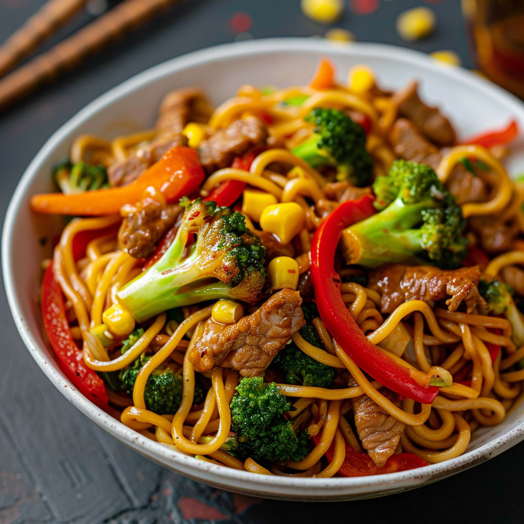 Assiette de nouilles sautées, légumes croquants et gingembre caramélisé.