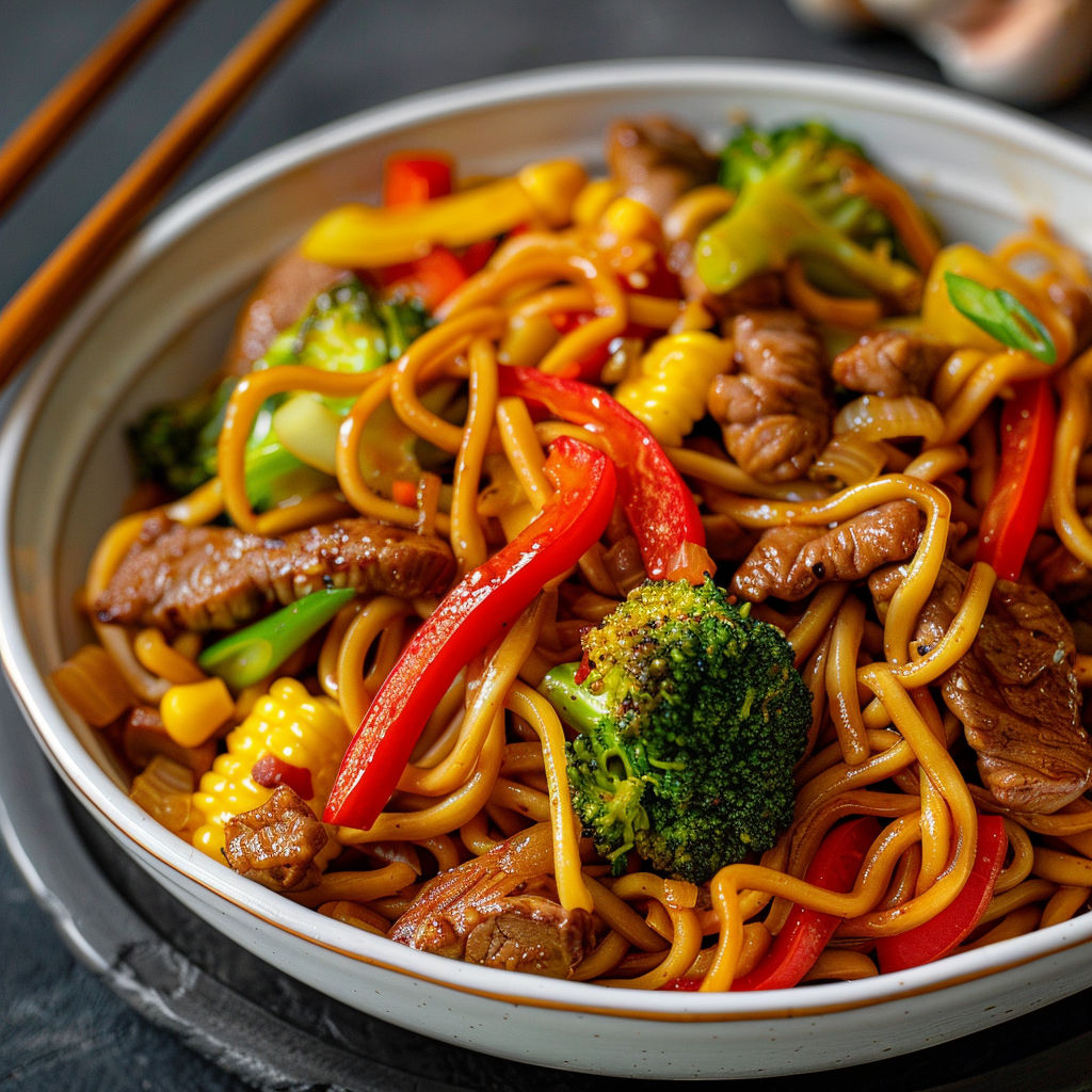 Des noodles avec des légumes hauts en couleur et de la viande.