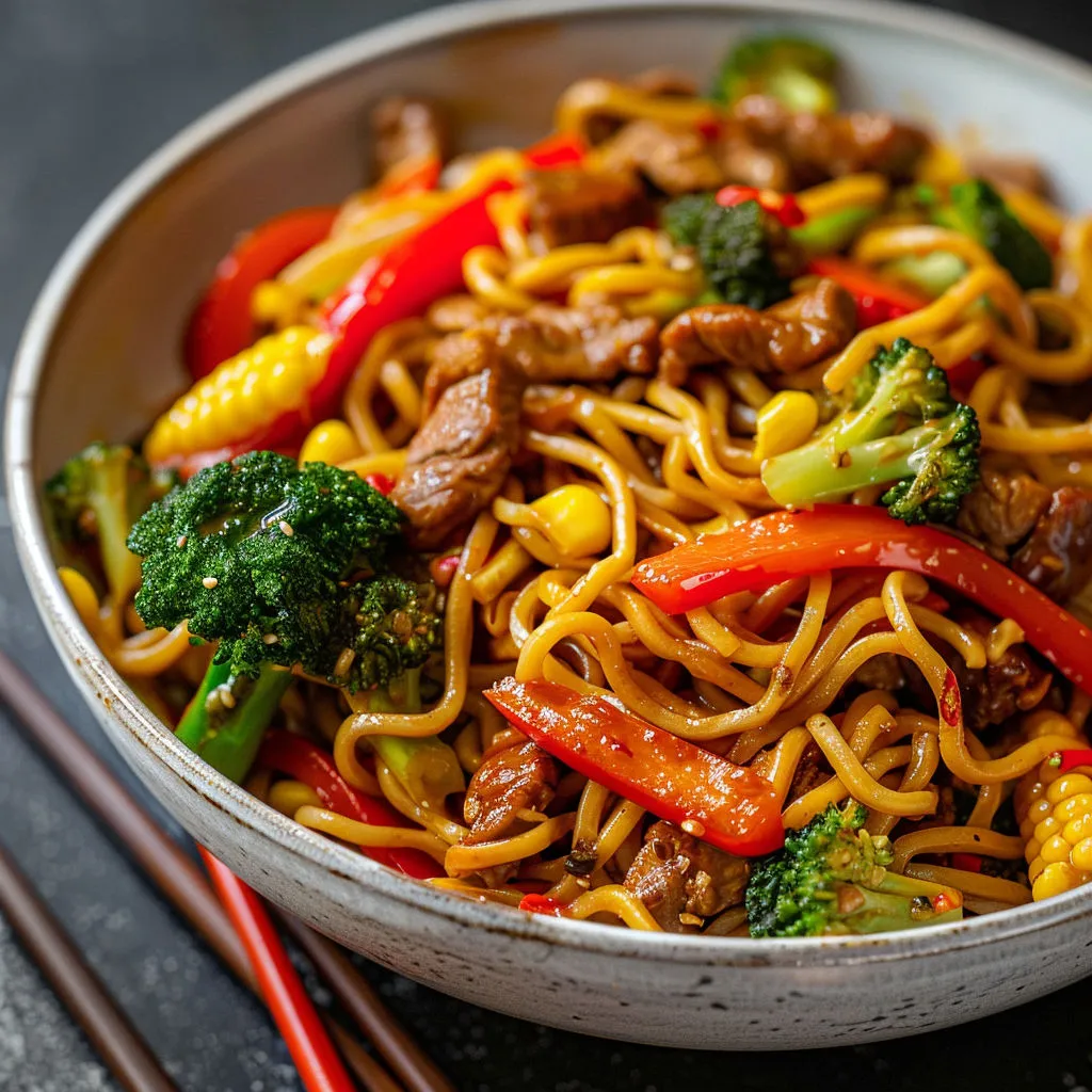 Un bol de noodles avec légumes et viande, baguettes posées à côté.