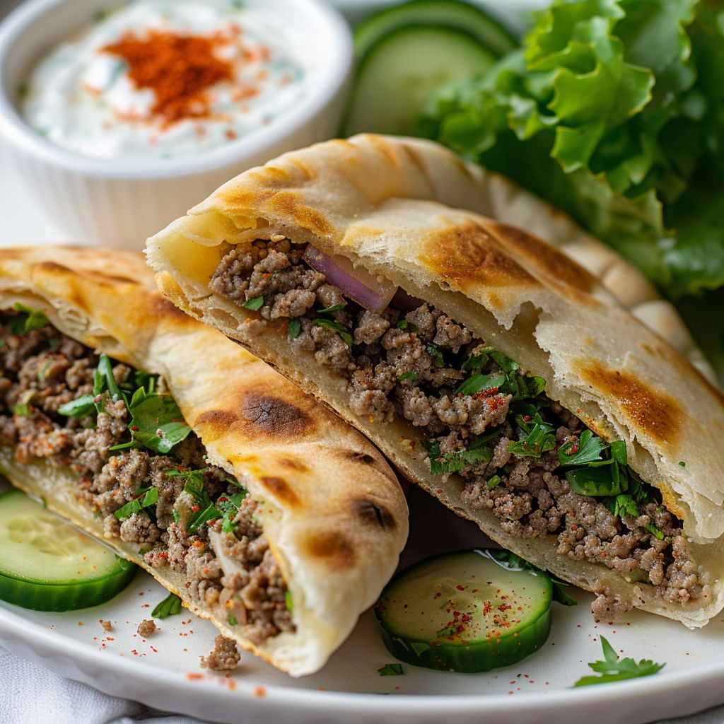 Un pain pita garni de bœuf haché accompagné de salade fraîche.