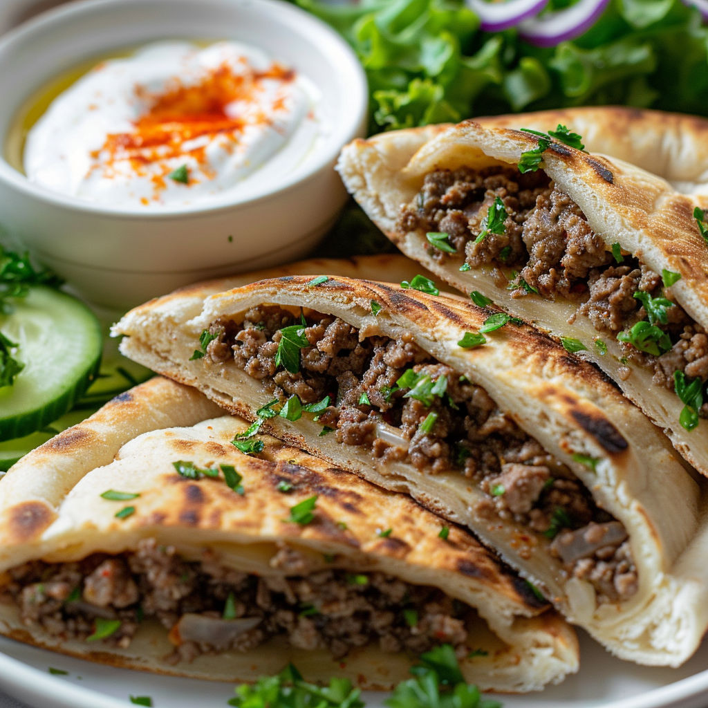 Une pizza maison servie avec une salade verte et une sauce.