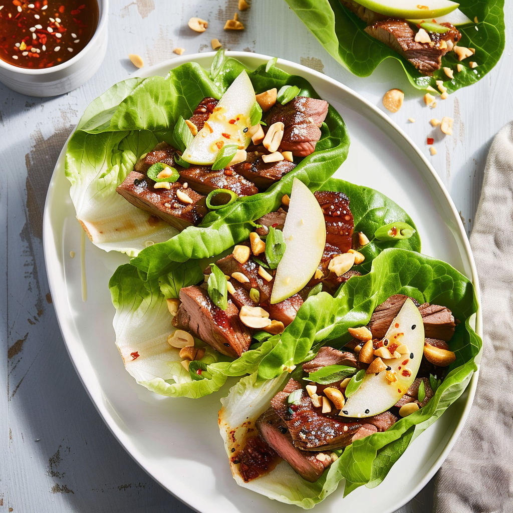 Assiette fraîche avec bœuf mariné, poire tendre, et noisettes grillées servies en belle présentation.