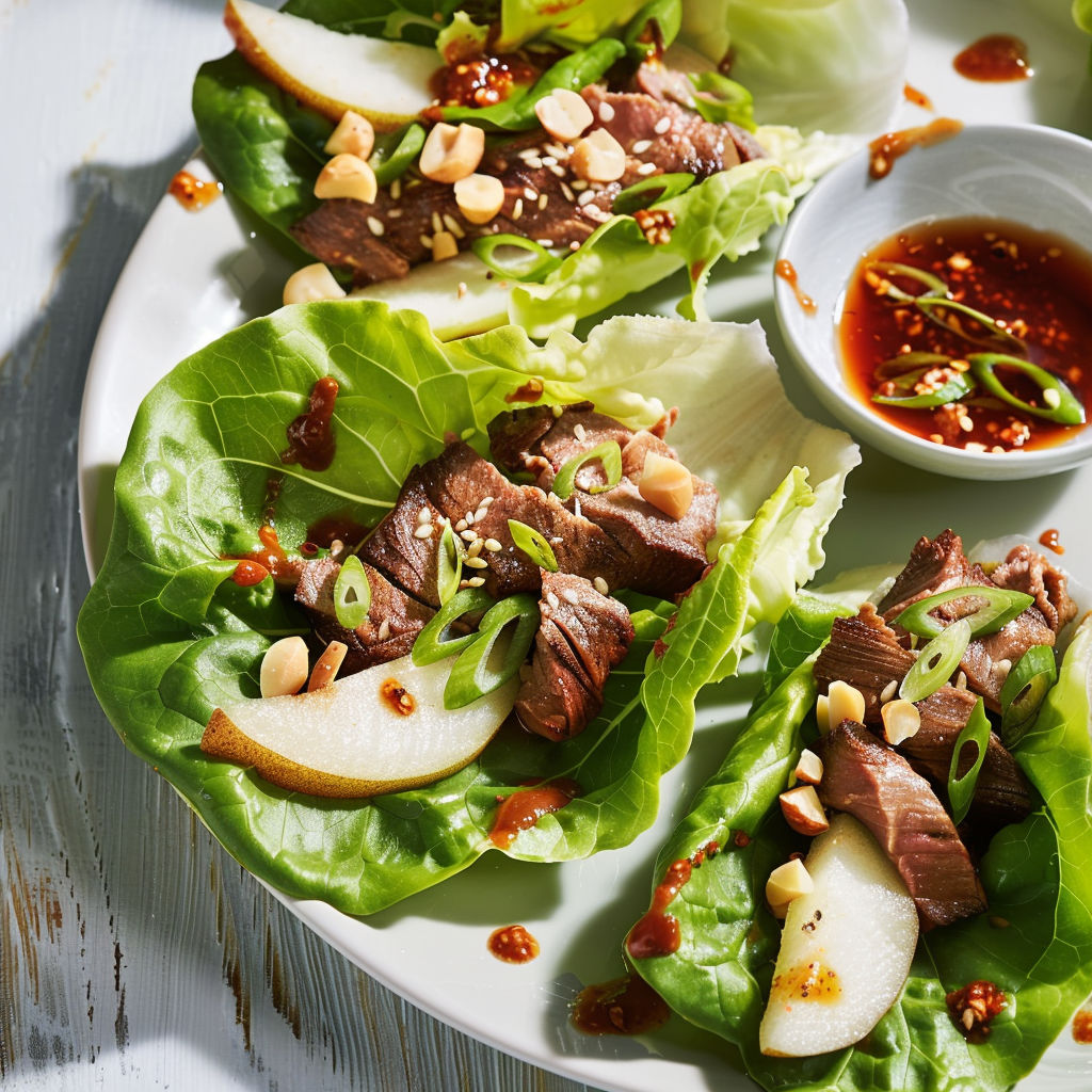 Assiette de wraps au bœuf et légumes, servie avec une sauce à tremper.