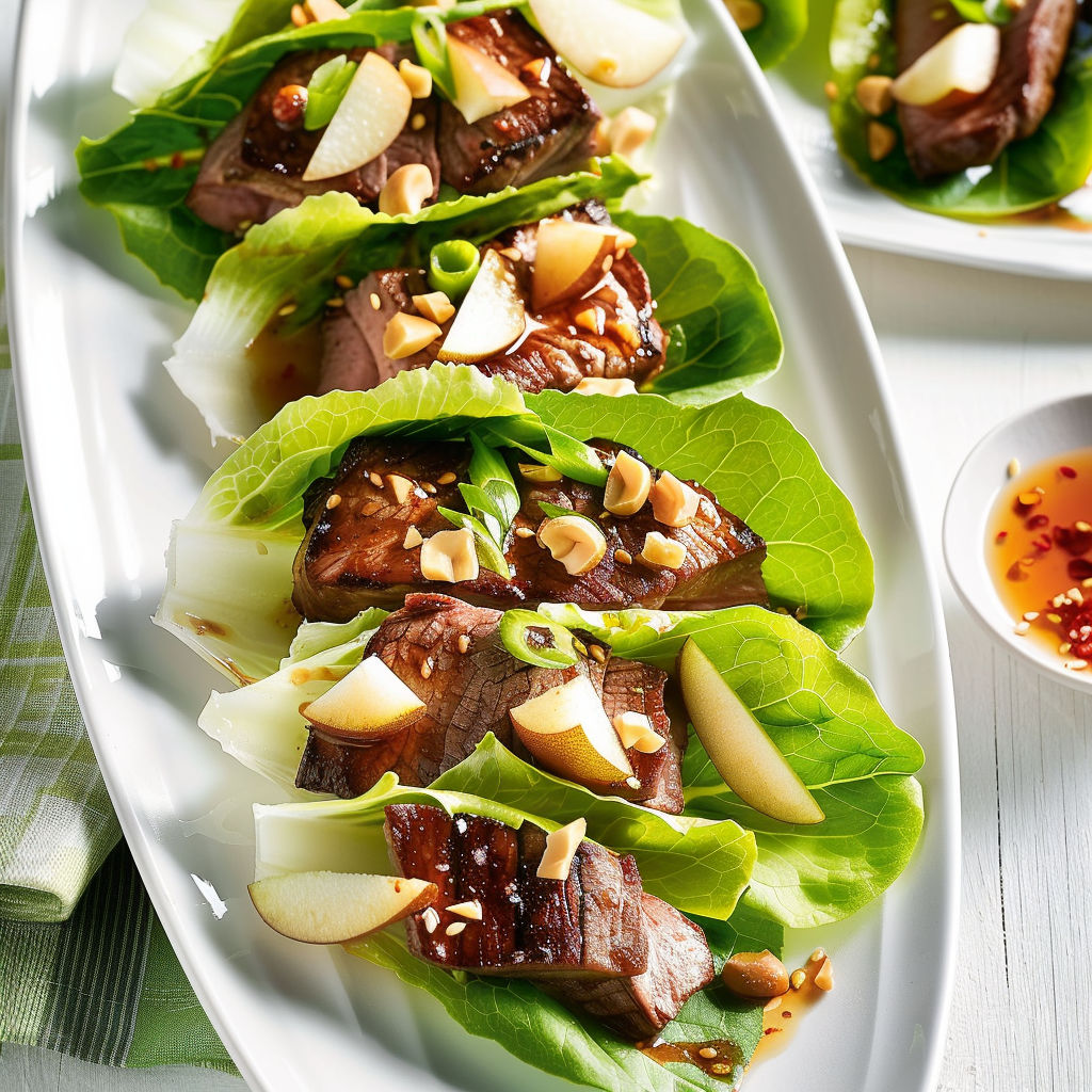 Bouchées ultra fraîches au bœuf mariné, poire et laitue Boston.