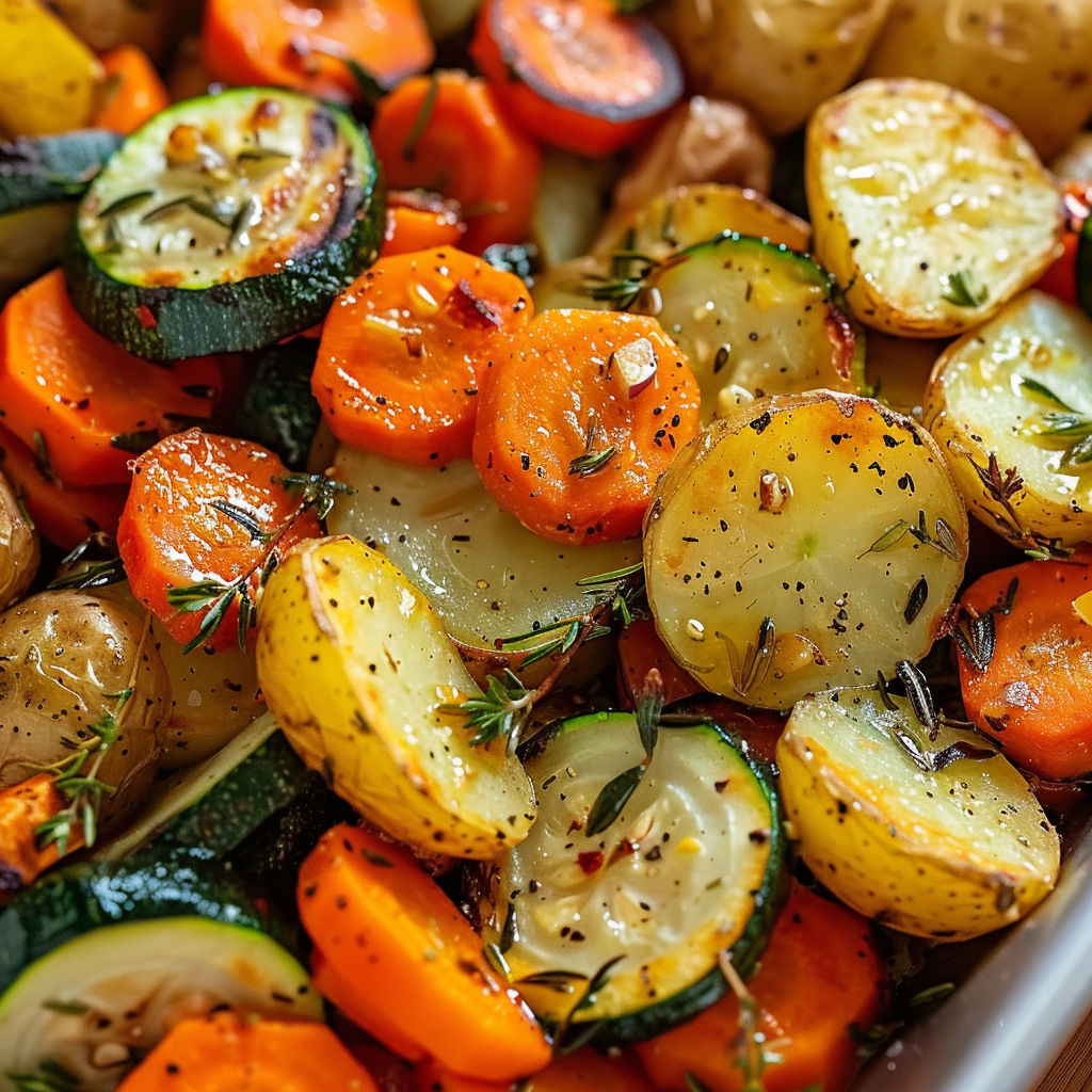 Une assiette de légumes dorés avec du thym, de l'ail, et des carottes bien rôties.