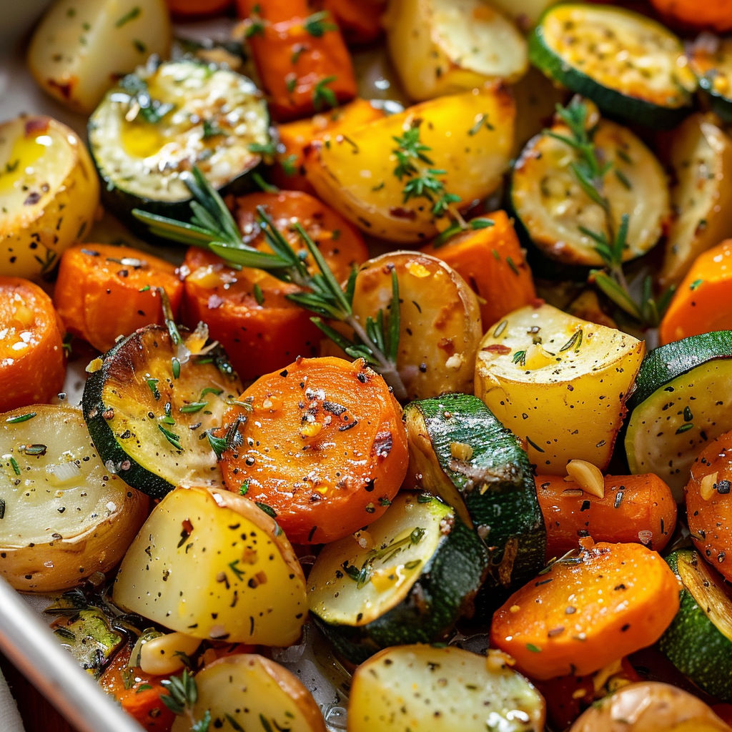 Légumes variés rôtis au four et parsemés d’herbes avec une touche d’ail.