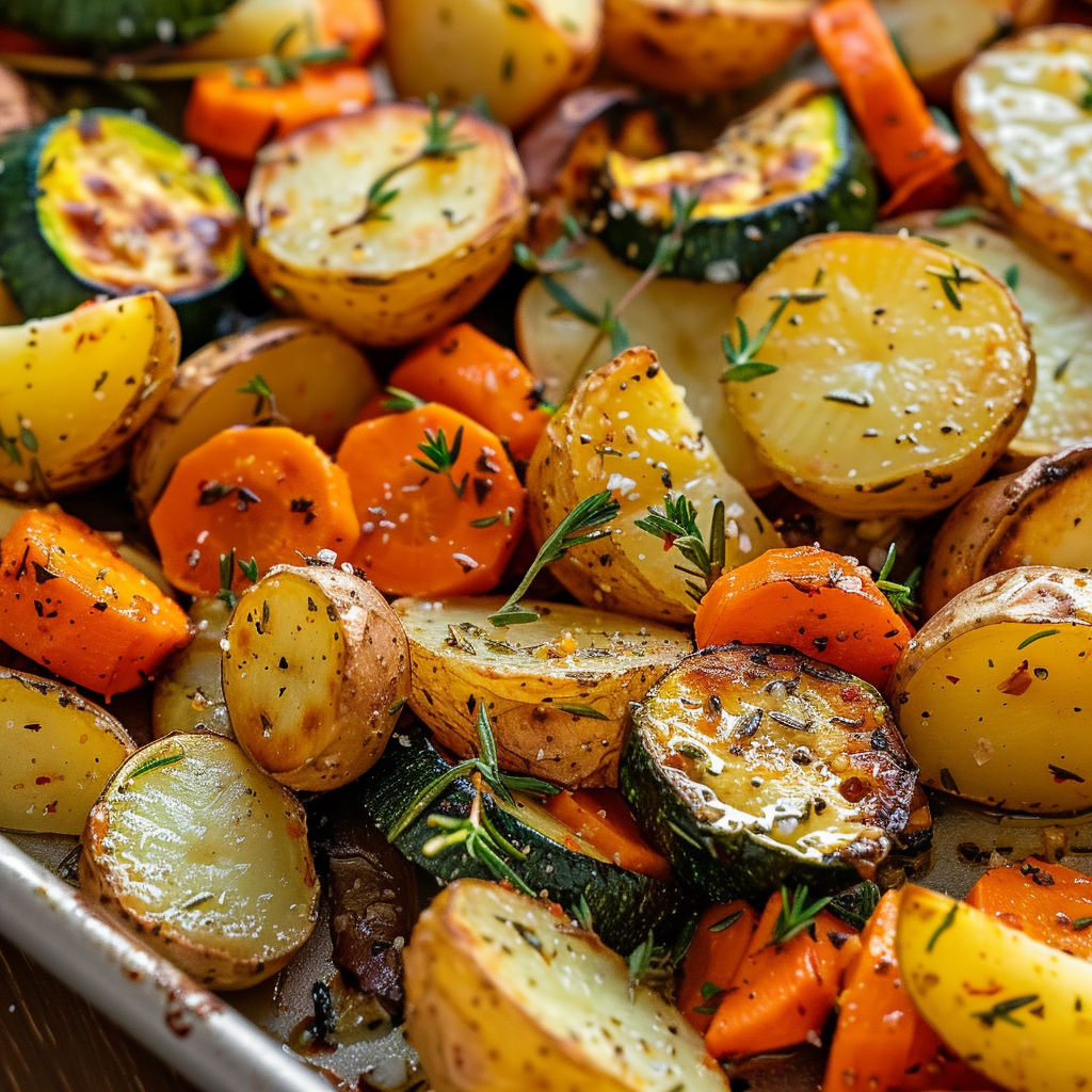 Jolis légumes rôtis aux herbes méditerranéennes avec carottes, courgettes et aubergines.