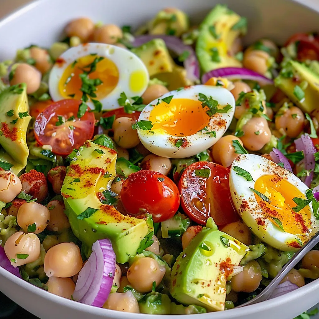 Une assiette garnie d’une savoureuse salade avocat, œuf et pois chiches, présentée dans un bol.