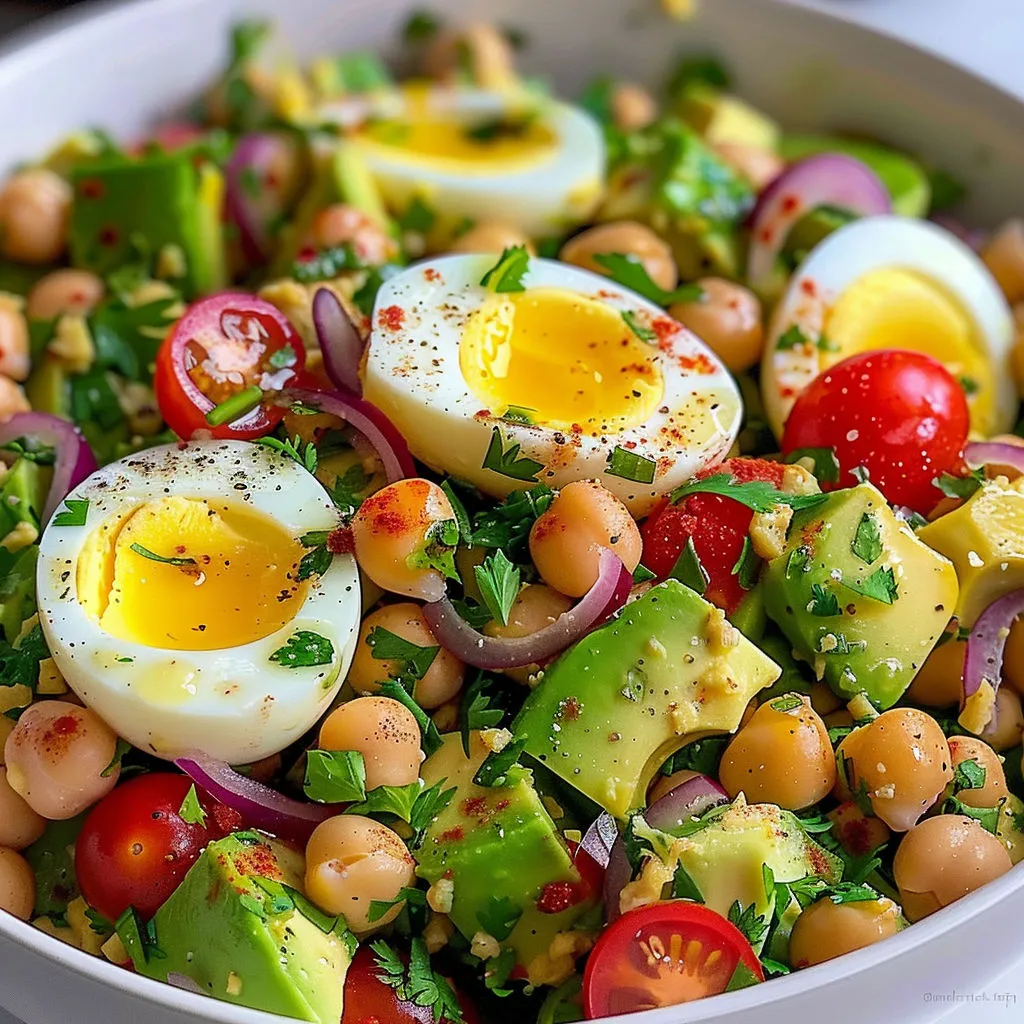 Une salade pleine de légumes, des œufs, avocat, tomates, poivrons et haricots verts.