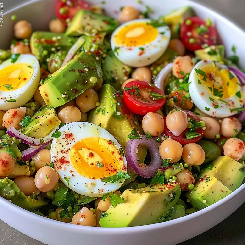 Un plat avec du poulet, avocat, œufs et tomates.