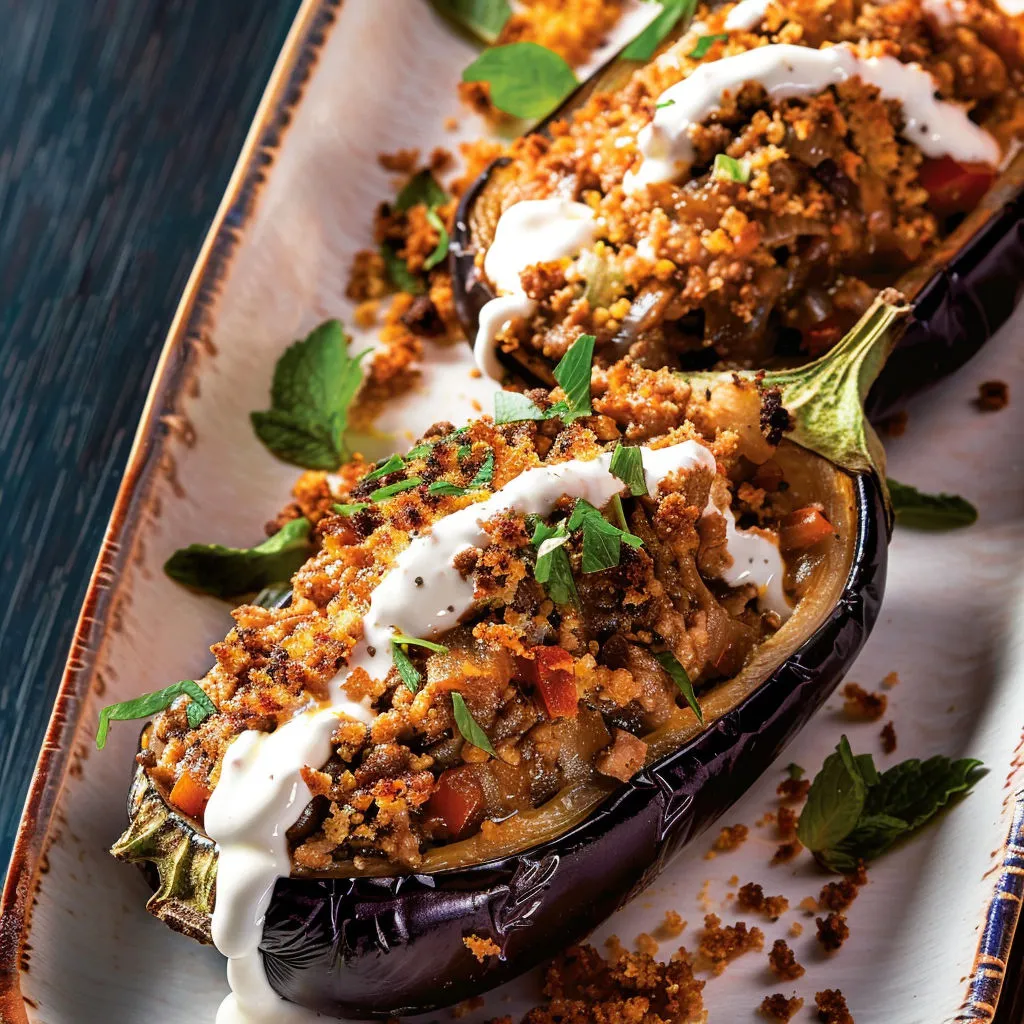 Un plat d’aubergine avec des herbes fraîches et des légumes.