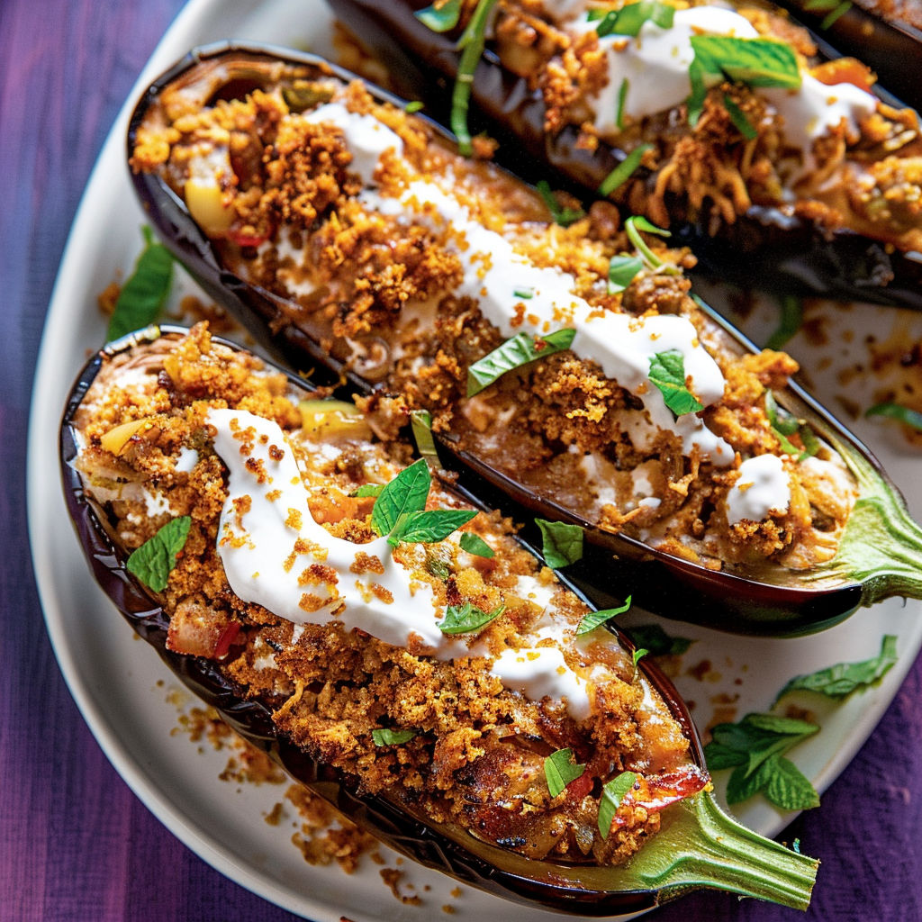 Une belle assiette d’aubergines garnies, façon moussaka, avec herbes fraîches.
