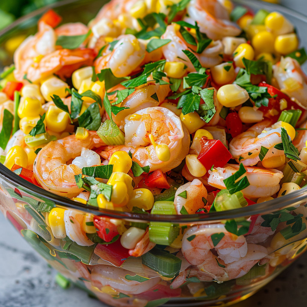 Bol garni de crevettes fraîches, maïs et roquette.