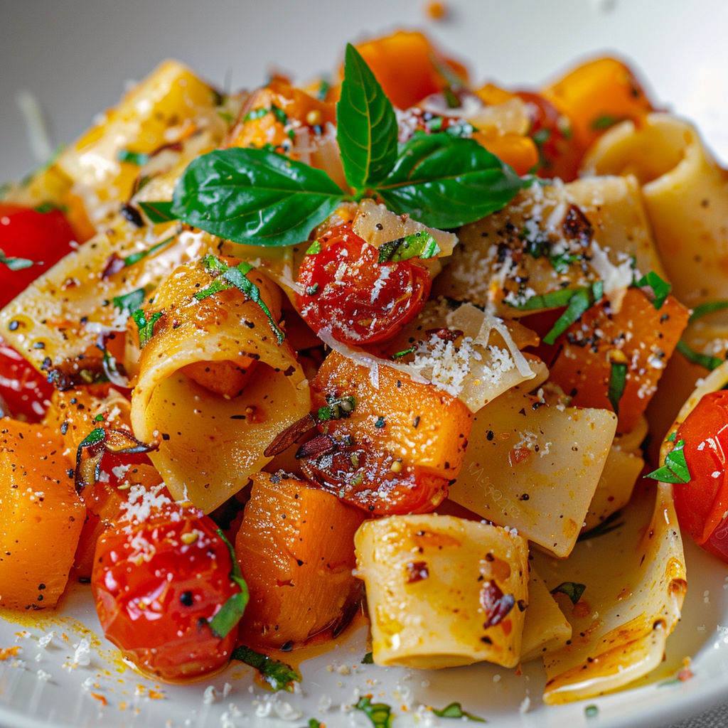 Assiette de pappardelles avec courge, tomates rôties, basilic et parmesan.