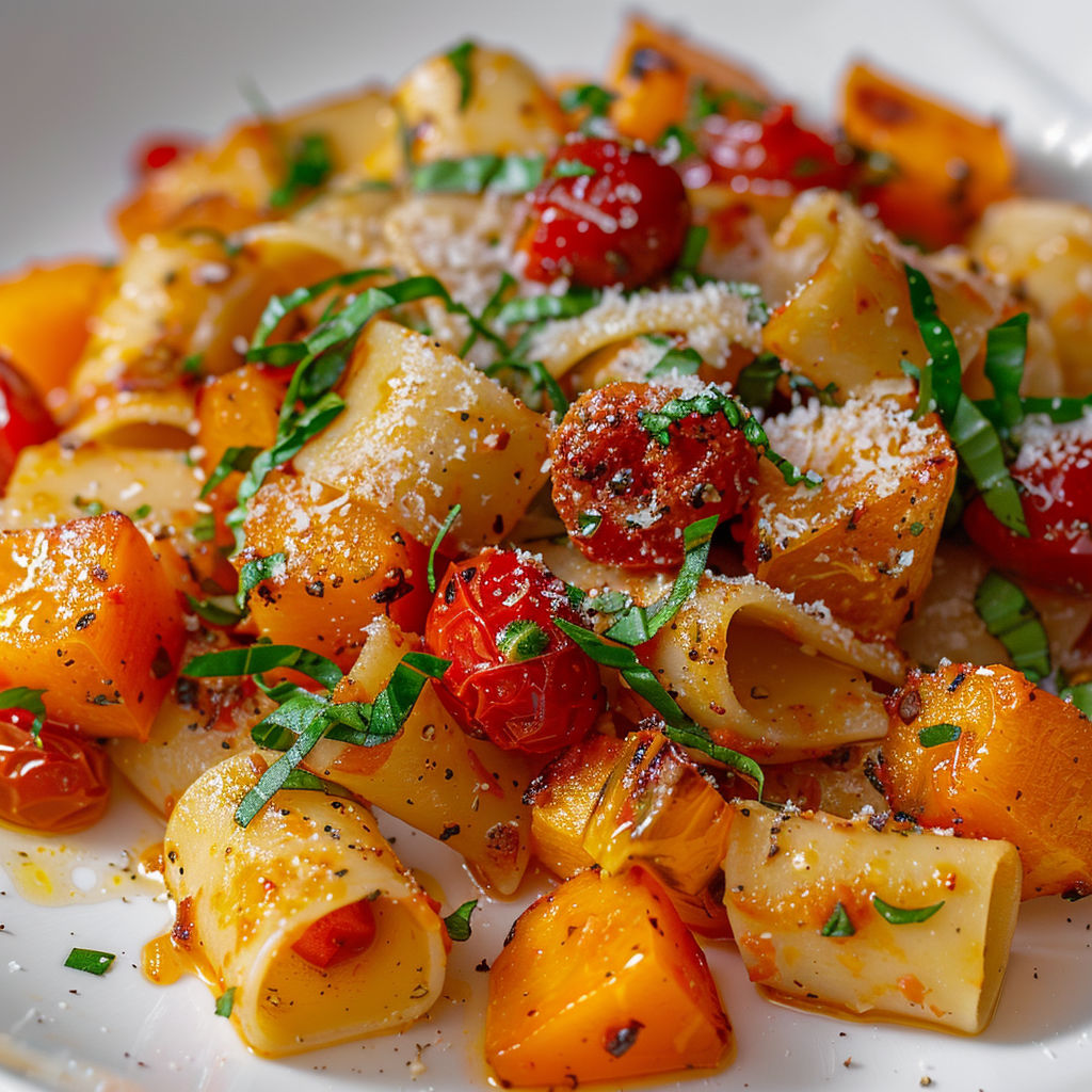 Pappardelles ultra gourmandes, nappées de tomates rôties, d’épinards, de basilic et de parmesan.