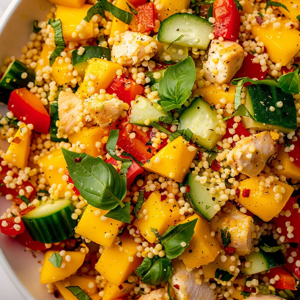 Bol de couscous avec poulet, mangue et légumes, garnis d’herbes.