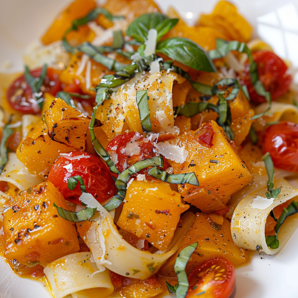 Pappardelles fondantes d’automne, tomates confites, courge Butternut et un peu de parmesan.