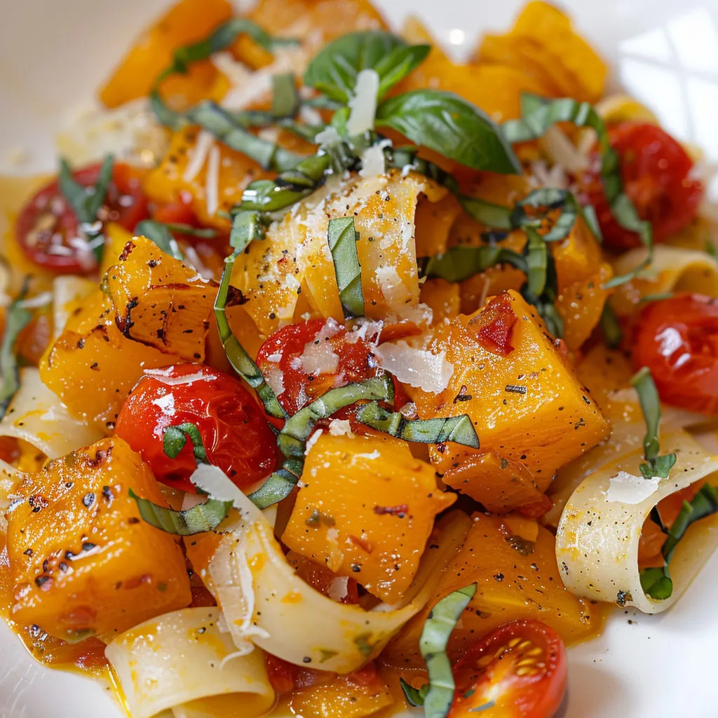 Pappardelles fondantes d’automne, tomates confites, courge Butternut et un peu de parmesan.