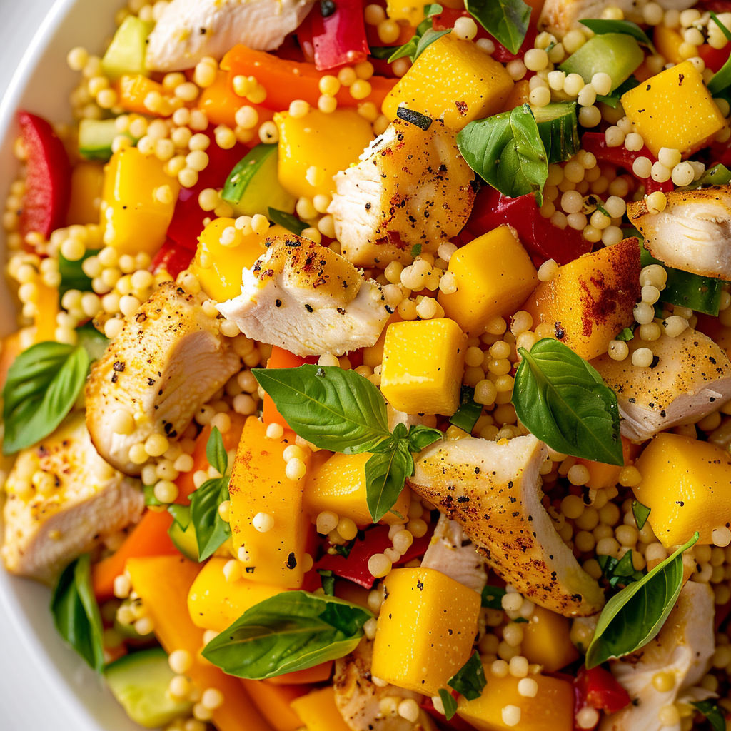 Salade colorée au poulet, mangue, basilic et grains de couscous.