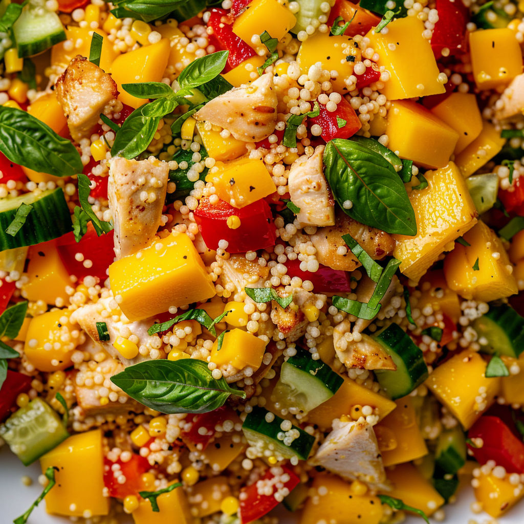 Salade au poulet, mangue et légumes croquants, servie sur un plateau.