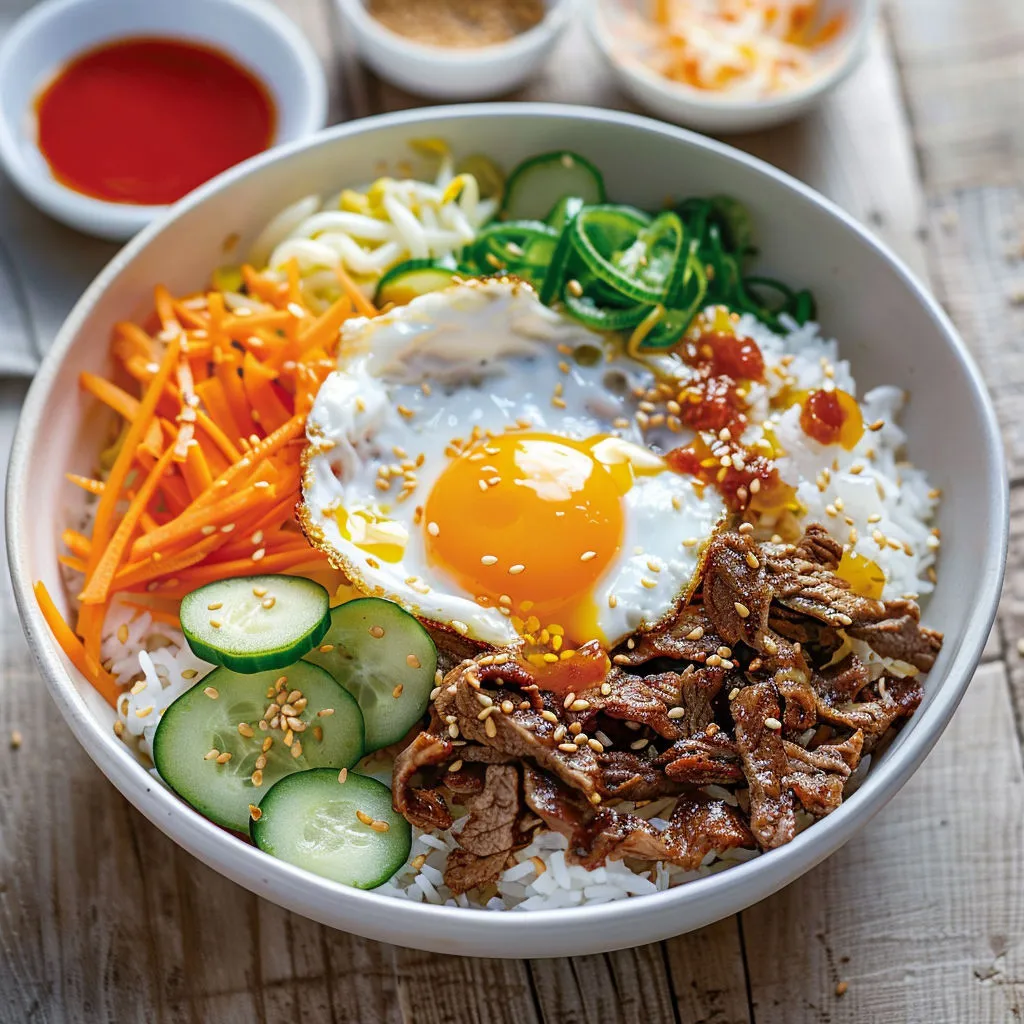 Bol coréen avec riz, légumes, carottes, concombre, œuf plat et bœuf mariné.