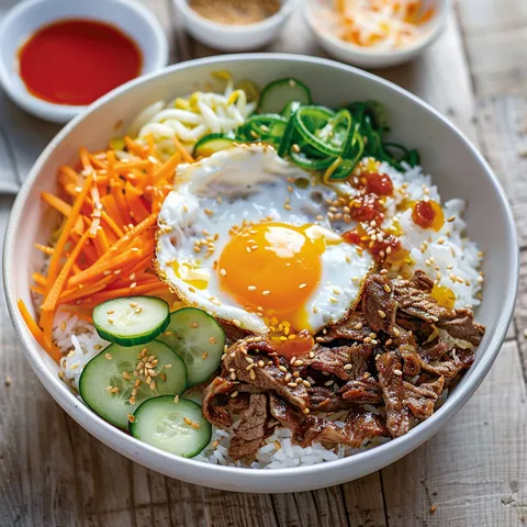Bol coréen avec riz, légumes, carottes, concombre, œuf plat et bœuf mariné.