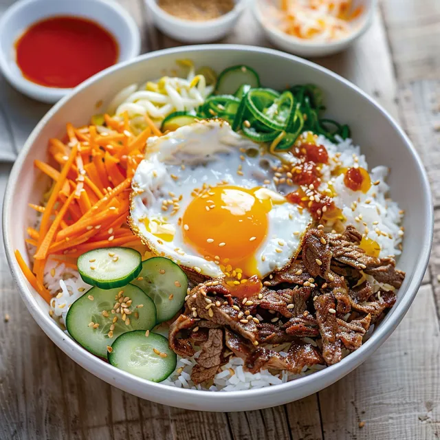 Bol coréen avec riz, légumes, carottes, concombre, œuf plat et bœuf mariné.