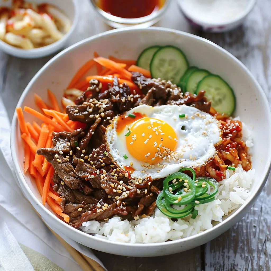Un grand bol coréen ultra coloré avec riz, légumes marinés, bœuf fondant et œuf coulant.