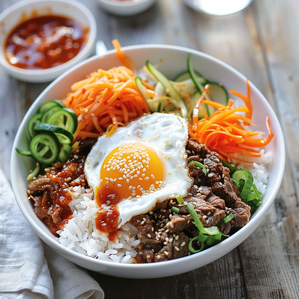Bol classique de bibimbap coréen : riz, bœuf assaisonné et légumes frais.