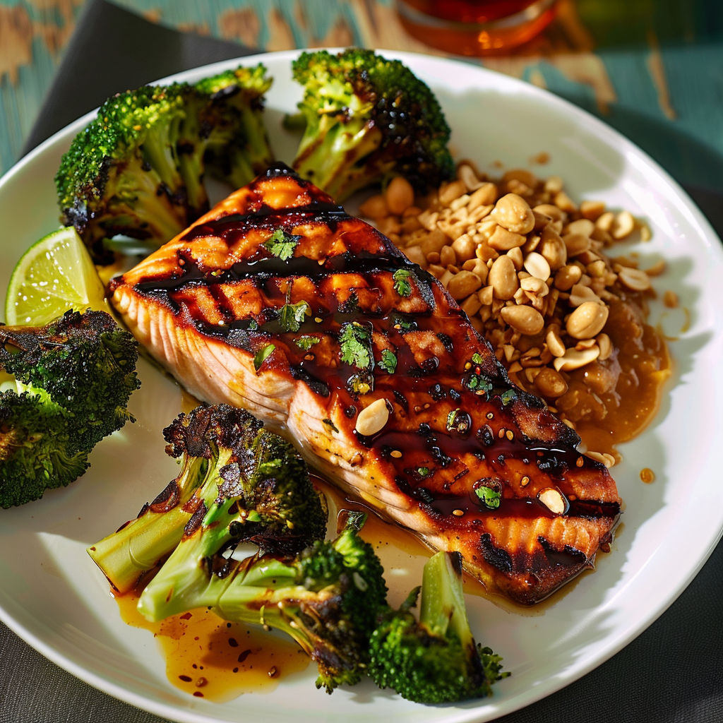 Un saumon grillé accompagné de légumes verts et de noix croquantes.