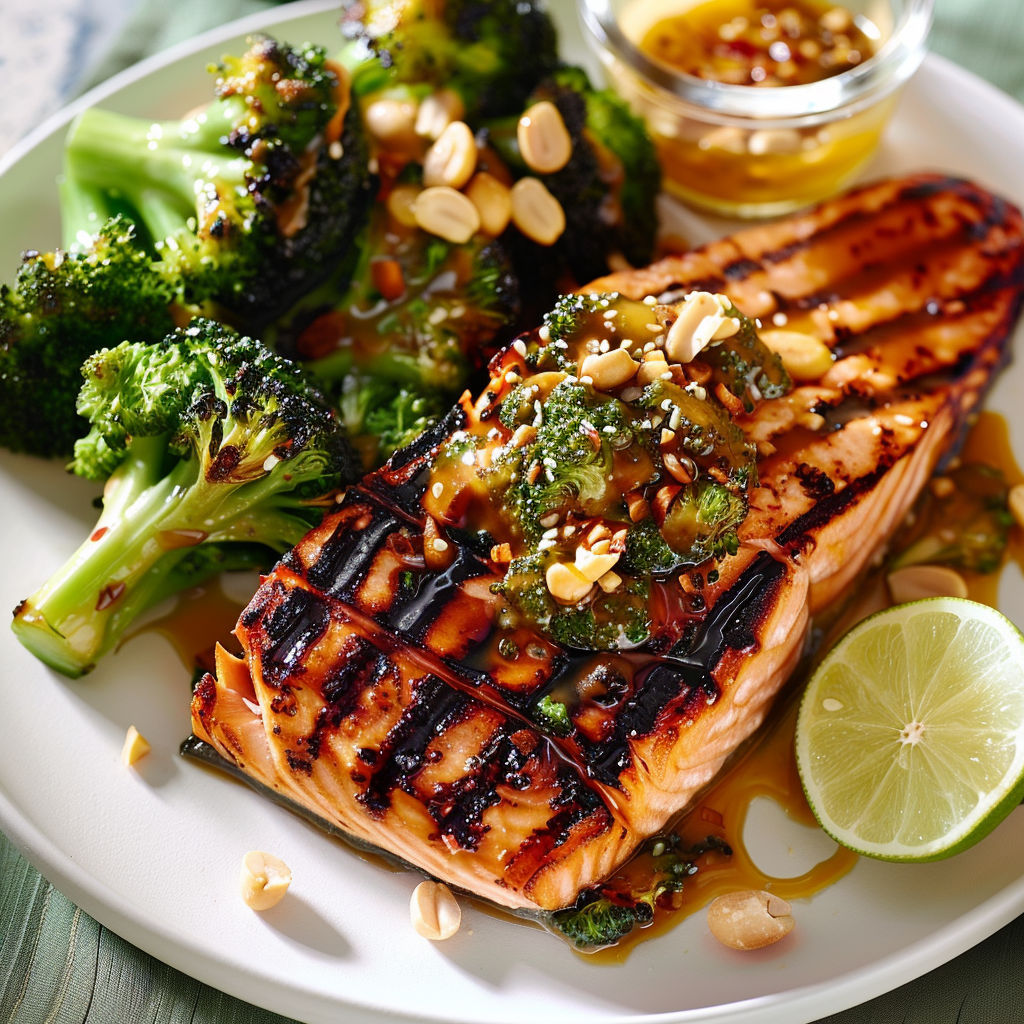 Saumon grillé avec brocoli et cacahuètes.