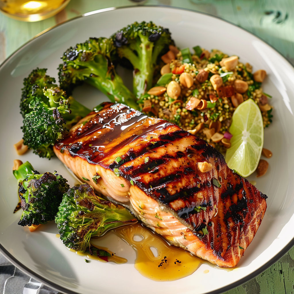 Saumon grillé, légumes verts et graines de cumin.