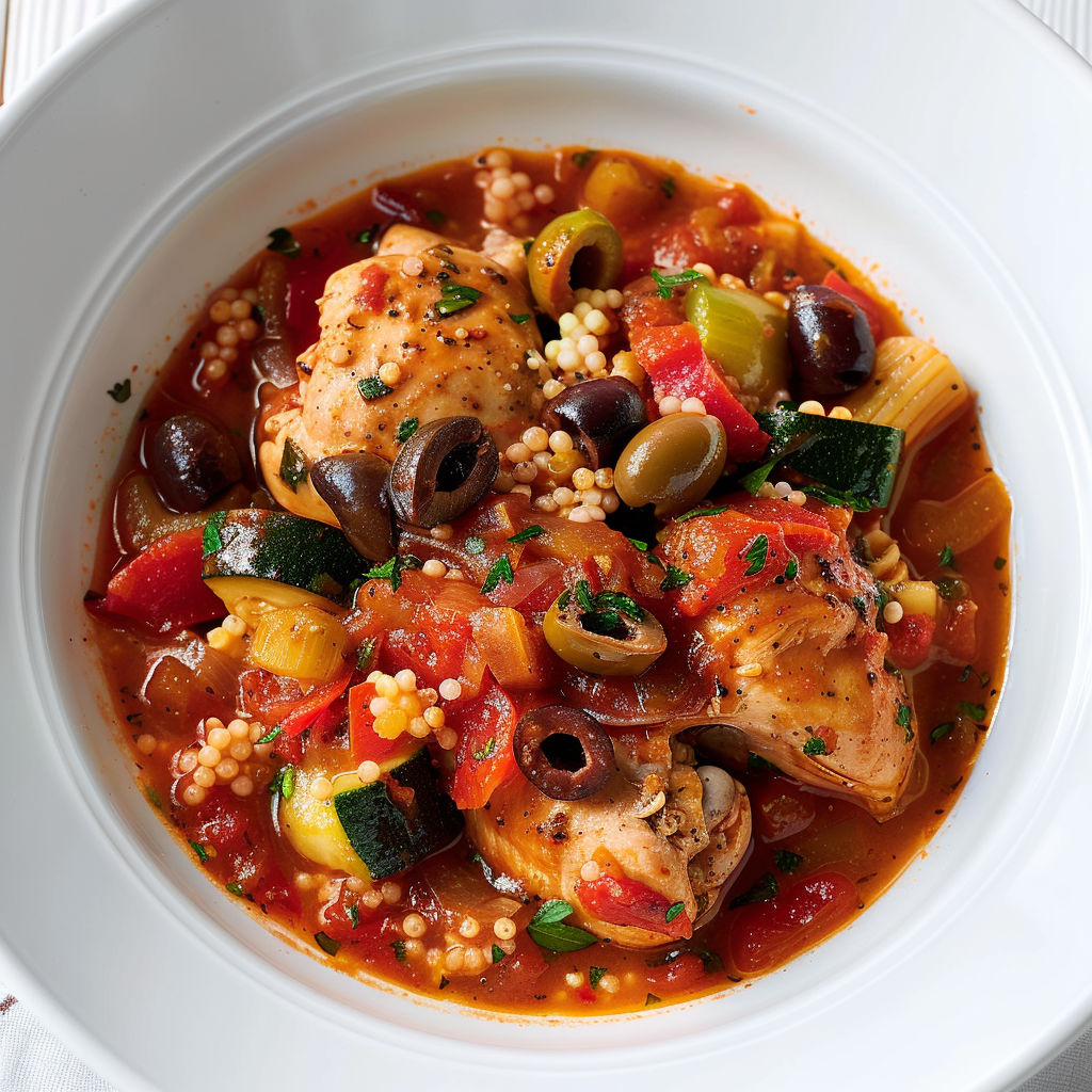 Un délicieux poulet mijoté aux olives et légumes dans une assiette blanche.