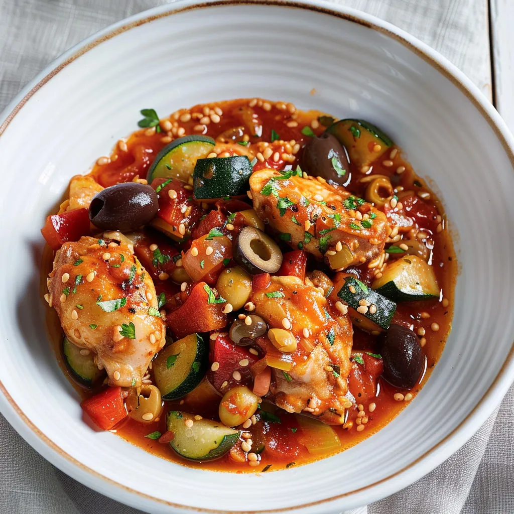 Un poulet mijoté avec des olives noires, des légumes fondants et des pâtes.