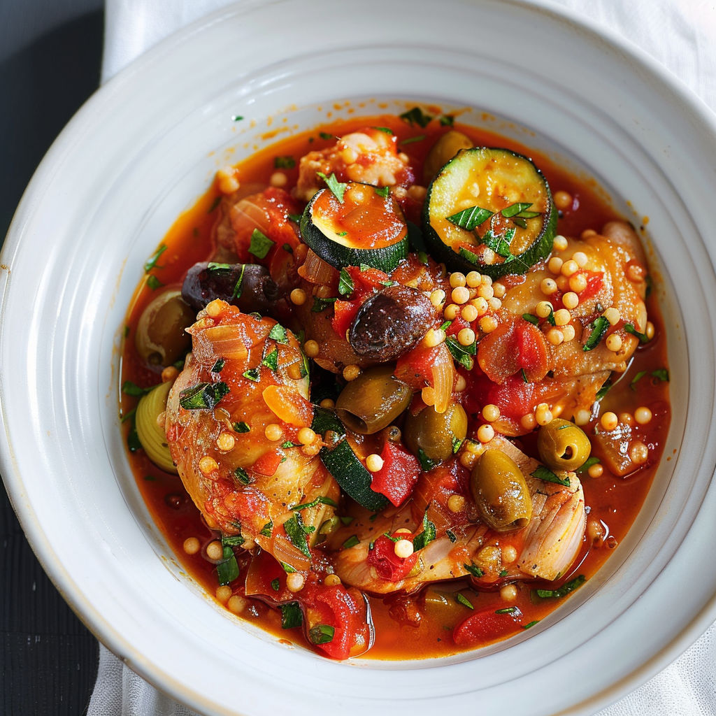 Un plat de poulet avec poivrons, olives et courgettes dans une sauce rouge.